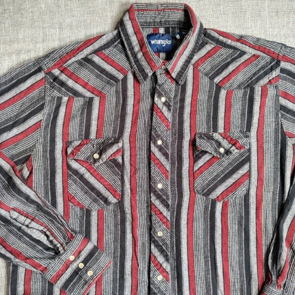 VINTAGE Wrangler Flannel Shirt Size XLT Red Black Striped Long Sleeve Pearl Snap - Picture 11 of 11